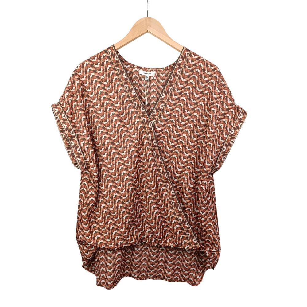 Max‎ Studio Boho Faux Wrap Top Women L Brown Geometric Surplice Flowy Casual NWT